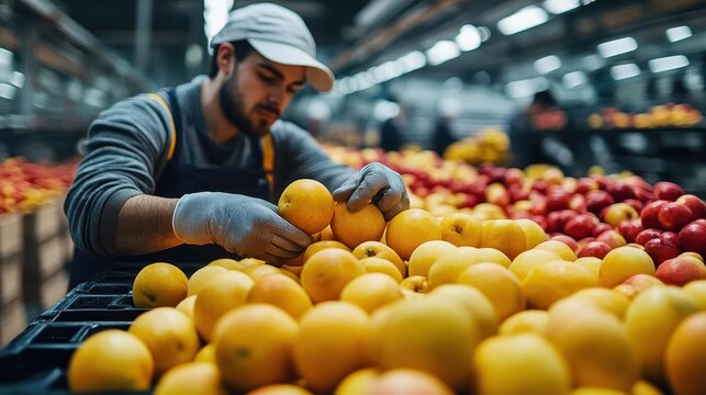 Workers handpicking quality fruits in a local food processing unit, Fresh Produce, Meticulous and careful