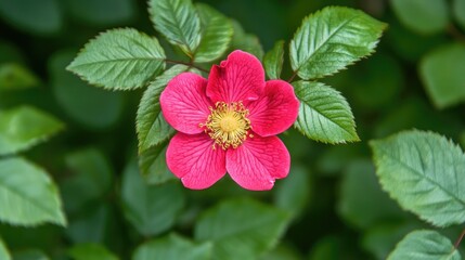 Fototapeta premium Vibrant Pink Wildflower Blossoming Amidst Lush Green Leaves in a Natural Setting, Capturing the Beauty of Flora in Springtime, Perfect for Nature Enthusiasts and Gardeners
