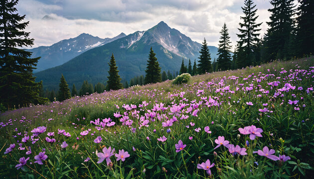 Champs fleuris au pied de la montagne