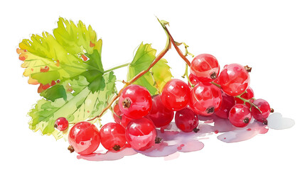 Sprig of ripe red currant with green leaves on a white background, watercolor drawing.