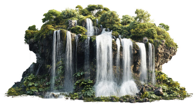 Majestic cascading waterfall surrounded by lush greenery, vibrant foliage, and serene natural environment, creating a tranquil oasis in nature's splendor.