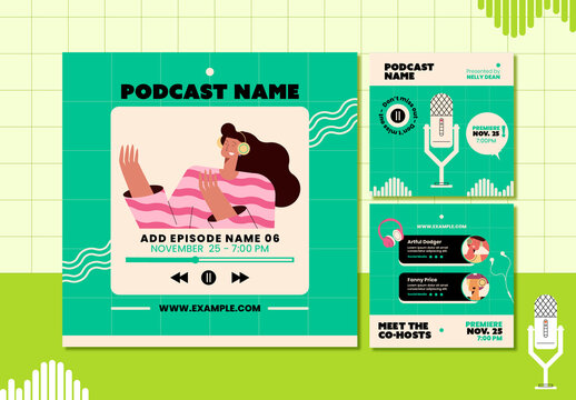 Green and Beige iIllustrative Podcast Social Media Set