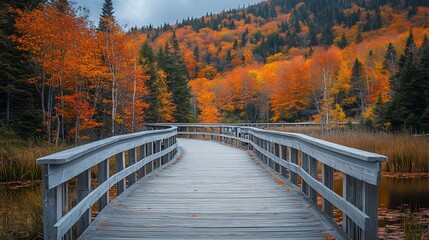 Wooden boardwalk path through autumnal forest.
