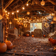Obraz premium A Rustic Barn Decorated for a Thanksgiving Celebration, Featuring Warm Lighting, Autumn Leaves, and a Festive Harvest Table
