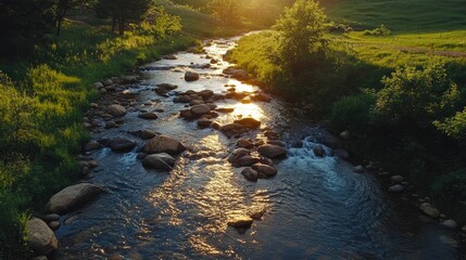 Tranquil Sunset Over a Flowing Stream Surrounded by Lush Greenery and Boulders, Capturing the Serenity of Nature in a Scenic Landscape