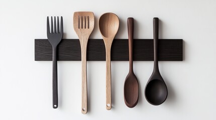 Fototapeta premium Organize your kitchen with these sleek and functional hanging utensils. Mount them on the wall to save space and keep your tools within easy reach. The modern design complements any kitchen decor