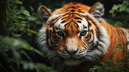 Obraz premium A close-up portrait of a tiger looking directly at the camera with green eyes, surrounded by green leaves.