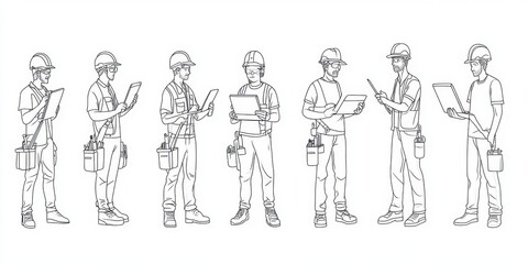 Generate black and white line drawings of construction workers in various poses, holding computer screens or papers with sketches on them Generative AI