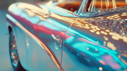 Close up of a classic car with a chrome finish reflecting colorful lights.
