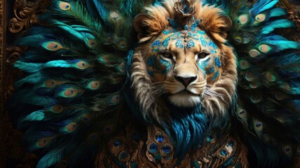 A majestic lion with a peacock feather headdress and blue and gold accents, looking directly at the camera with a powerful expression.