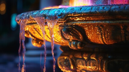 Close up of a fountain with water cascading down the edge, lit by colorful lights at night.