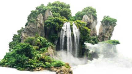 Majestic Waterfall Surrounded by Lush Greenery and Rocky Cliffs in a Serene Landscape, Captivating Nature Scene with Soothing Water Flow and Vibrant Foliage