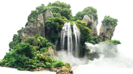 Gordijnen Majestic Waterfall Surrounded by Lush Greenery and Rocky Cliffs in a Serene Landscape, Captivating Nature Scene with Soothing Water Flow and Vibrant Foliage © Anisah