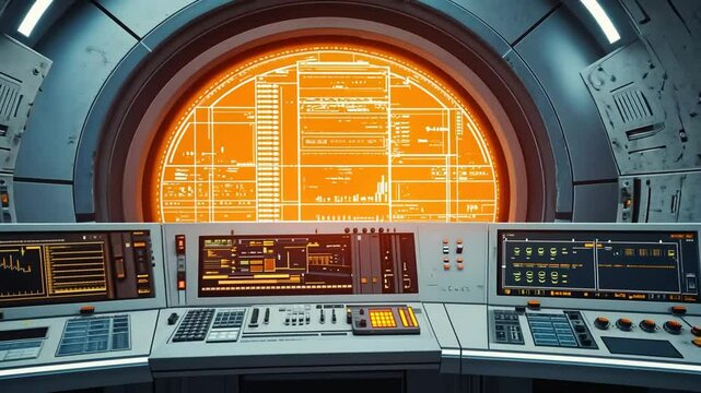 Futuristic Control Room with Orange Interface and Sleek Monitors