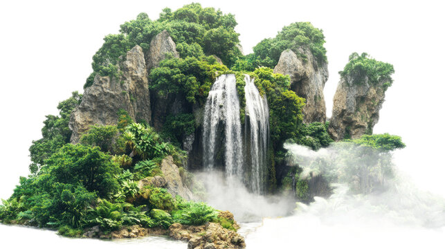 Majestic Waterfall Surrounded by Lush Greenery and Rocky Cliffs in a Serene Landscape, Captivating Nature Scene with Soothing Water Flow and Vibrant Foliage