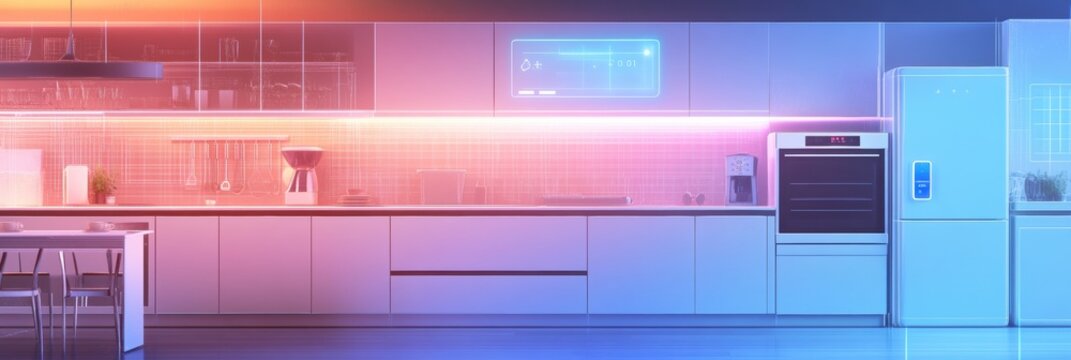 The kitchen showcases innovative smart appliances combined with sleek cabinetry and ambient lighting for a modern culinary space. Generative AI