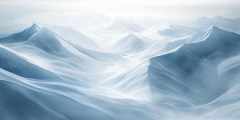Obraz premium Rolling snowy mountain terrain under a pale winter sky, highlighting the untouched and tranquil beauty of nature's vast landscapes