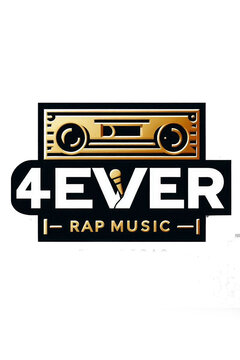 Logo de radio vintage a&ntilde;os 90 estilo hip hop, frase 'Rap Forever', dise&ntilde;o dorado, fondo transparente.
