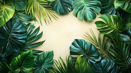 A vibrant arrangement of tropical leaves framing a blank space for text or design use.