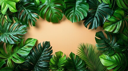 A vibrant arrangement of tropical leaves framing a blank space for text or design.