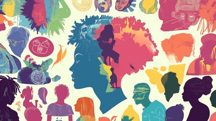 Naklejka premium A Pride Month banner with diverse silhouettes and the text Happy Pride Month uses soft hues to convey positivity and warmth
