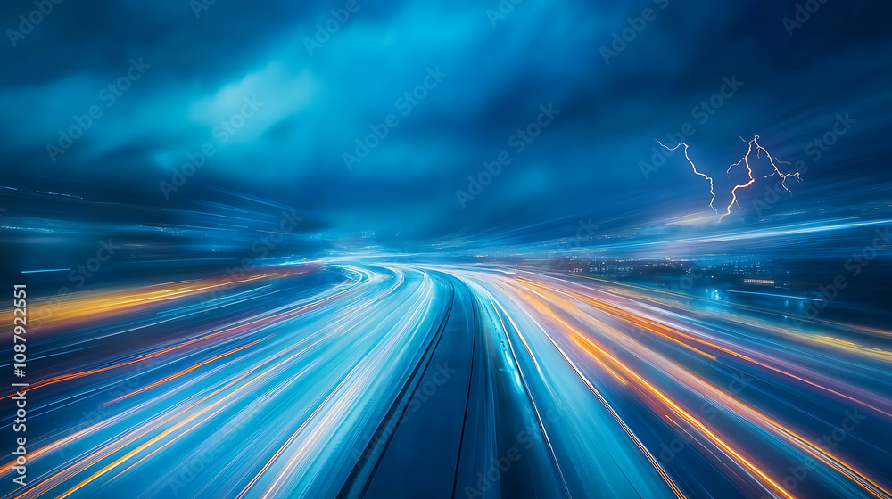 Poster a composite image shows a blurred blue sky, a stormy sky with dark clouds at night, and lightning, e
