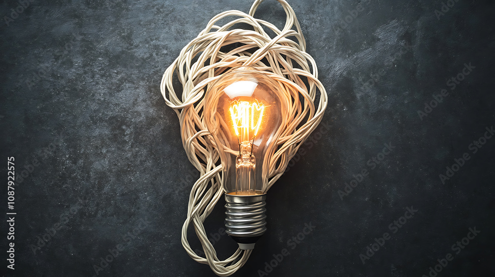 Poster A conceptual illustration of solving complex problems by simplifying them, depicted as a light bulb entwined in knotted wires being untangled
