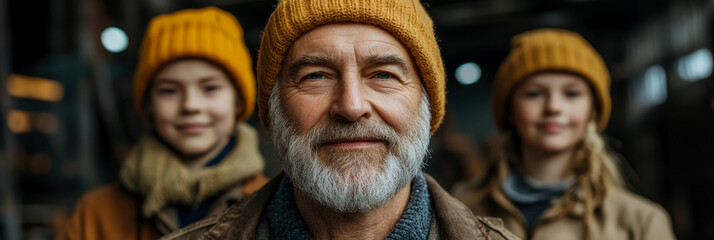 A joyful grandfather poses proudly with his two grandchildren, all wearing cozy yellow beanies in a warm, rustic environment during a family event