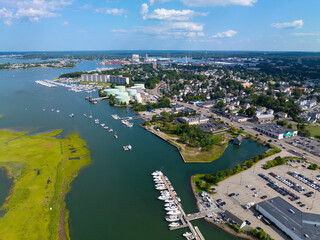 Town River Bay coast aerial view in Quincy Bay in city of Quincy, Massachusetts MA, USA. 