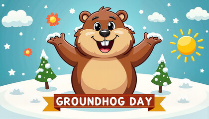 Cheerful cartoon groundhog celebrating on snowy winter day