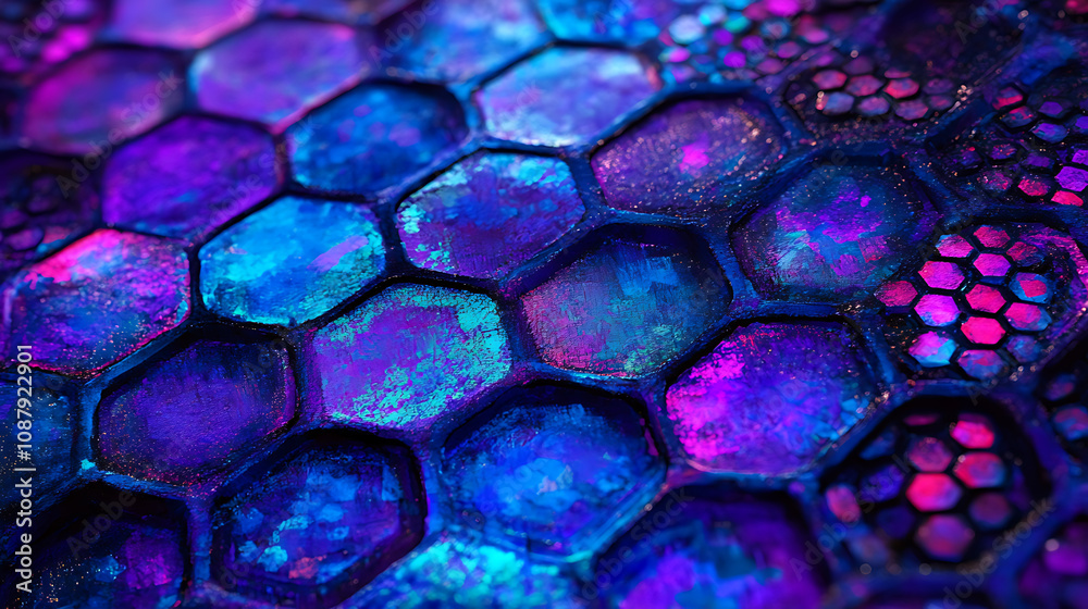 Poster A closeup of an abstract digital grid pattern with neon blue and purple hues, creating the illusion that it is made from a hexagonal honeycomb structure