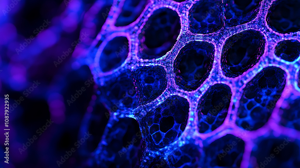 Aufkleber A closeup of the texture of an organic, hexagonal grid pattern with blue and purple neon lighting on a black background