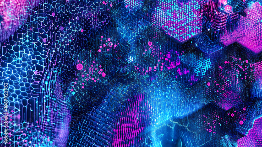 Fototapete A closeup of an abstract digital grid pattern with neon blue and purple hues, creating the illusion that it is made from a hexagonal honeycomb structure