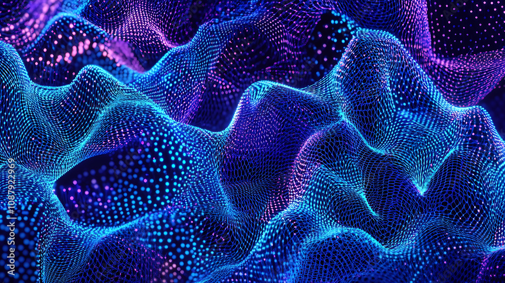 Fototapete a closeup of an abstract digital grid pattern with neon blue and purple hues, creating the illusion 