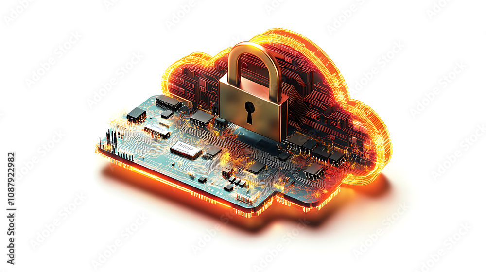 Poster A digital illustration of a secure cloud storage concept, featuring a metallic microchip with a padlock symbolizing data protection and cybersecurity in cloud computing