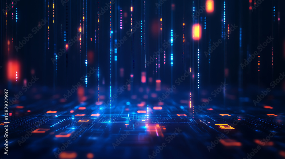 Poster Abstract blue technology background with a circuit board pattern and dots on a dark blue banner for web design, a digital tech