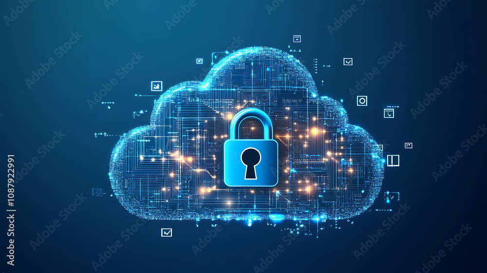 Aufkleber A digital illustration of a secure cloud storage concept, featuring a metallic microchip with a padlock symbolizing data protection and cybersecurity in cloud computing