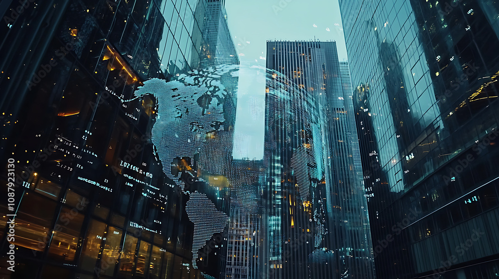 Fototapete a double exposure of digital data and globe with a glass building in the background, symbolizing glo