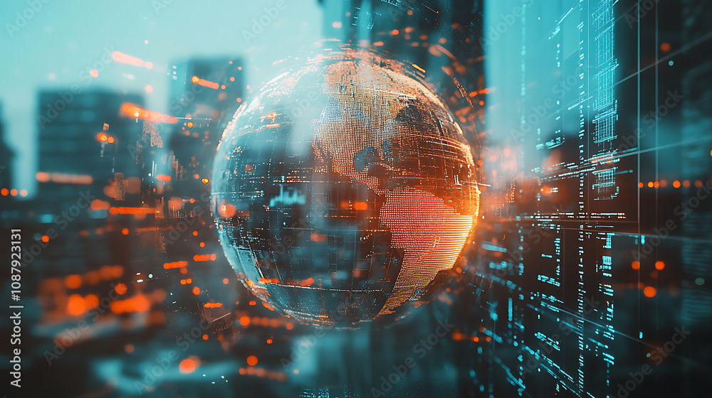 Leinwandbilder a double exposure of digital data and globe with a glass building in the background, symbolizing glo