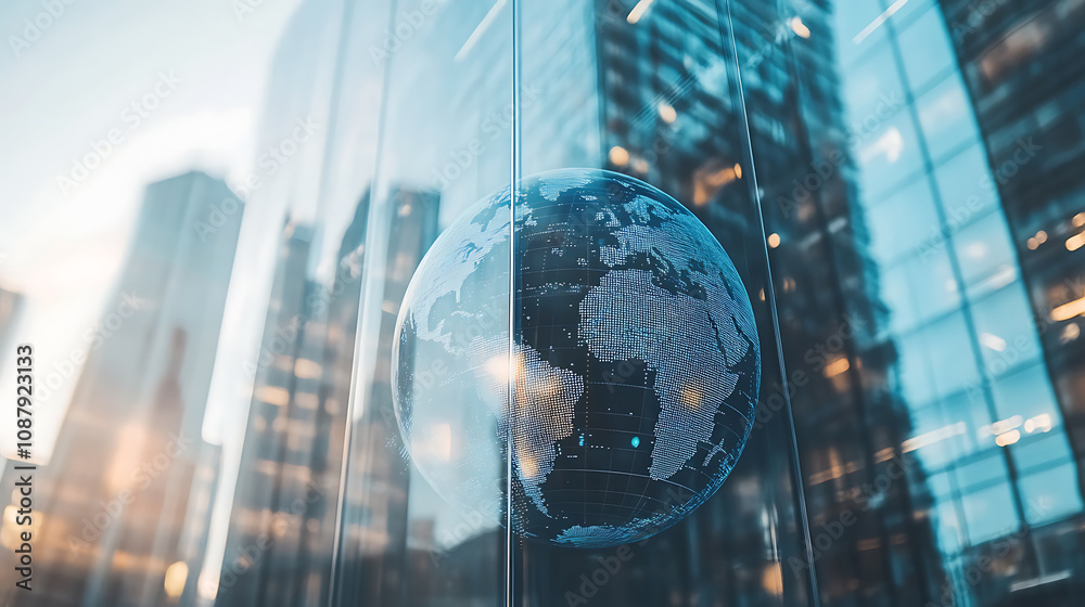Leinwandbilder a double exposure of digital data and globe with a glass building in the background, symbolizing glo