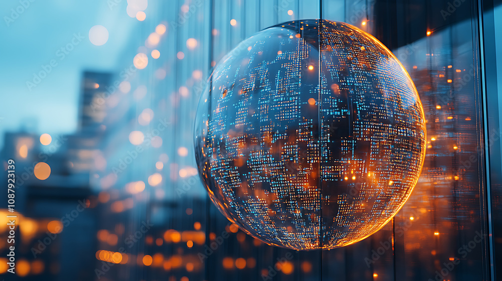 Poster A double exposure of digital data and globe with a glass building in the background, symbolizing global business digital world is reflected in the buildings' windows