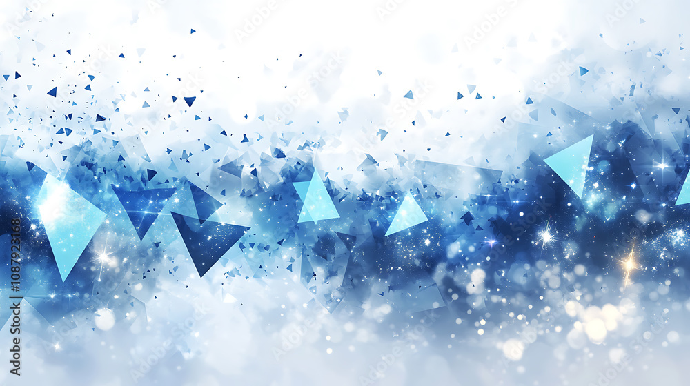Poster Abstract background with blue triangles and flying particles on a white background