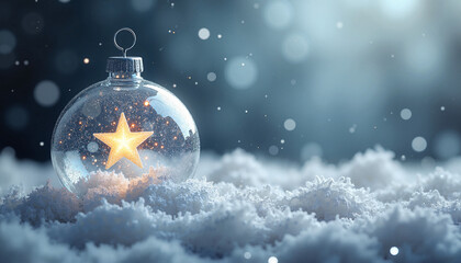 Glowing star ornament in snow against blurred winter background