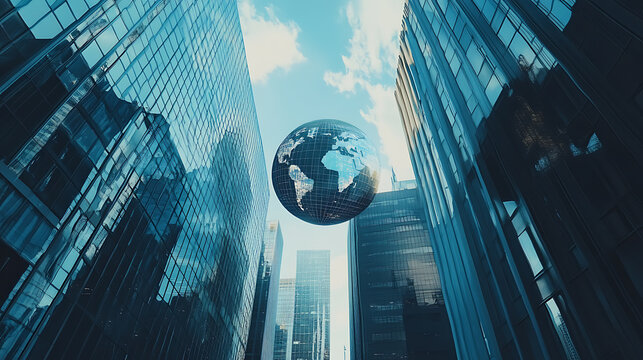A double exposure of the globe and modern office buildings with glass facades, representing global business in the digital era