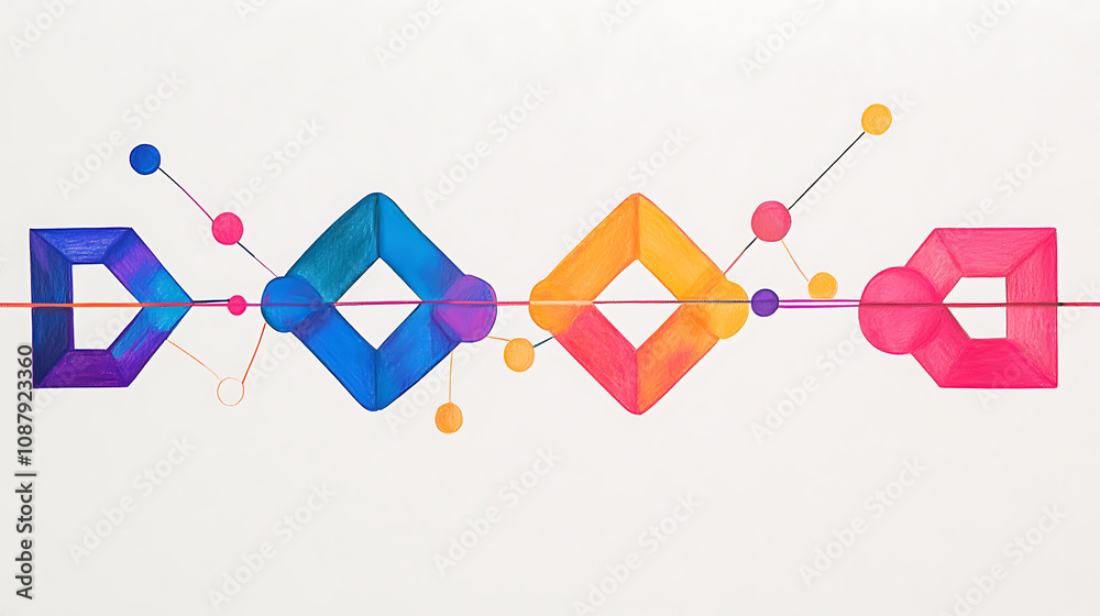 Poster a minimalistic colored drawing of a concept diagram showing two chains made up of squares and triang