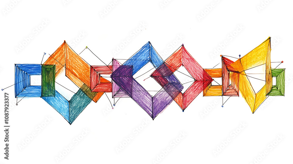 Poster a minimalistic colored drawing of a concept diagram showing two chains made up of squares and triang