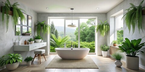 Fototapeta premium Minimalist Bathroom Oasis with Natural Light and Lush Green Plants for Urban Exploration Photography
