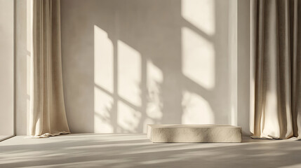 Aesthetic minimalist interior design template featuring a neutral modern empty room with sunlight casting shadows, a white blank wall, beige linen curtains, and a stone floor or tabletop