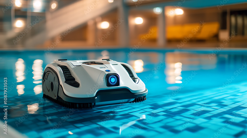 Poster a robotic pool cleaner in action, maintaining a swimming pool by cleaning its bottom and walls, prov