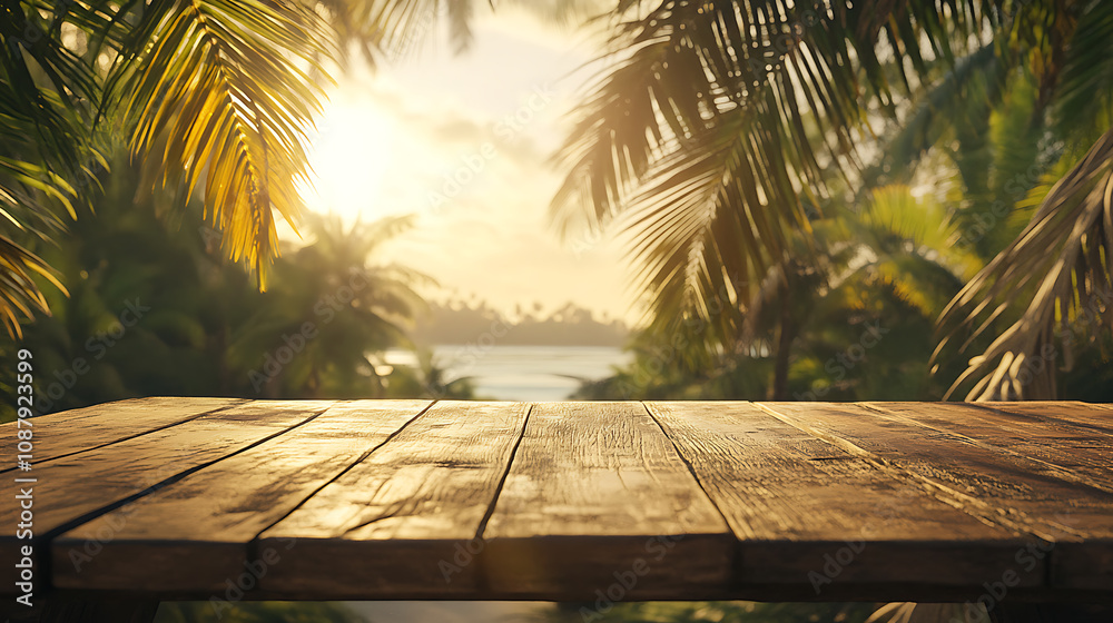 Poster a wooden table with a blurred background of palm trees and the sea, creating an exotic summer concep